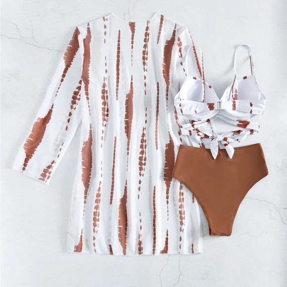 SHEIN Size L 3 piece Brown Tie Dye Crisscross Tie Back Push Up Bikini Swimsuit - Picture 4 of 13